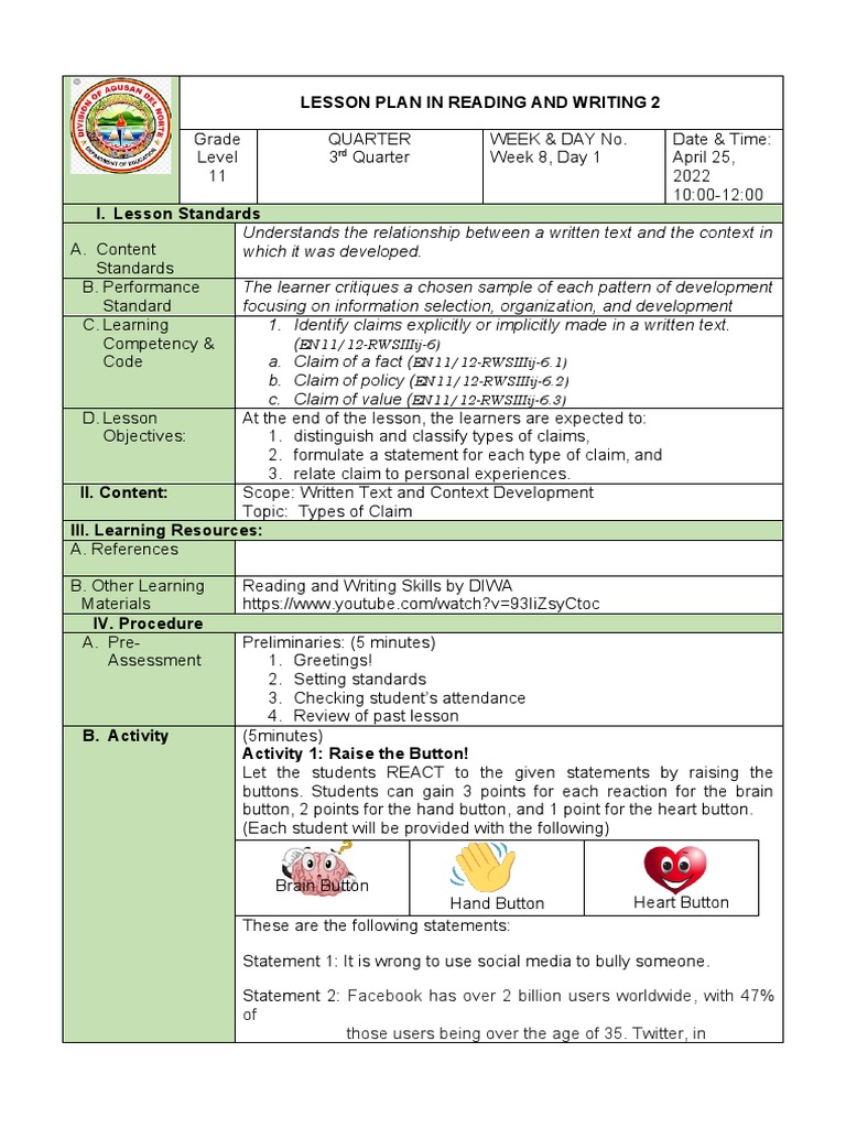 Lesson Plan in Reading and Writing 2 PDF Learning Reason