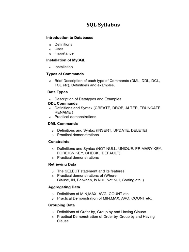 SQL Syllabus | PDF