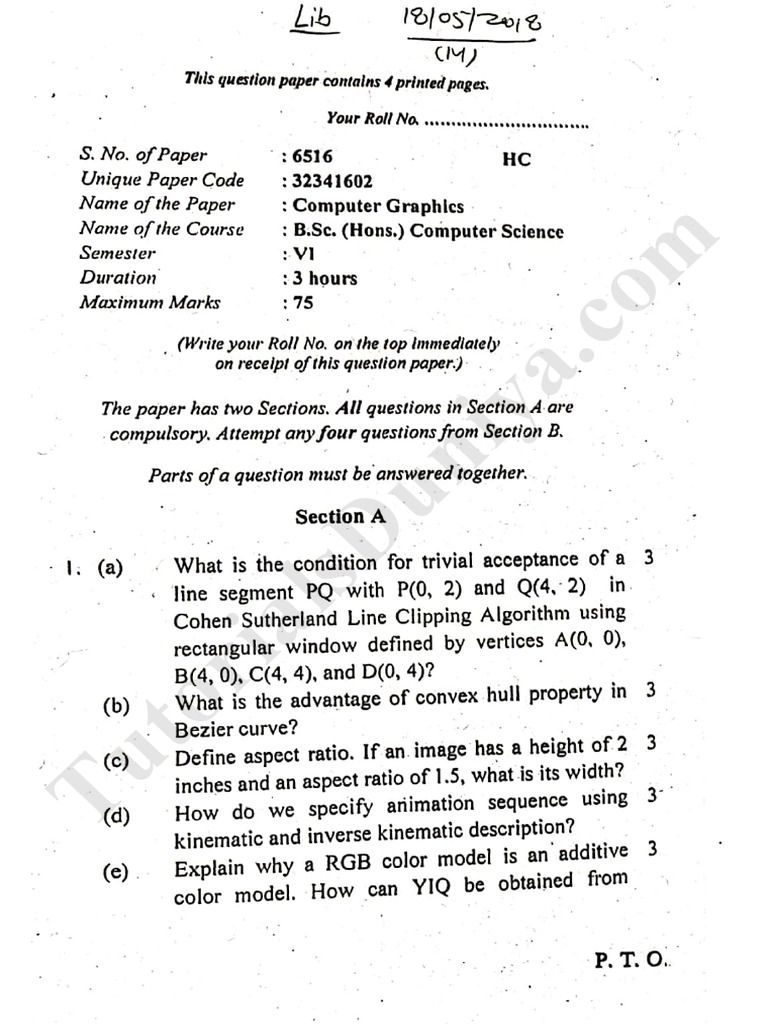 Computer Graphics Question Paper 2018 PDF PDF