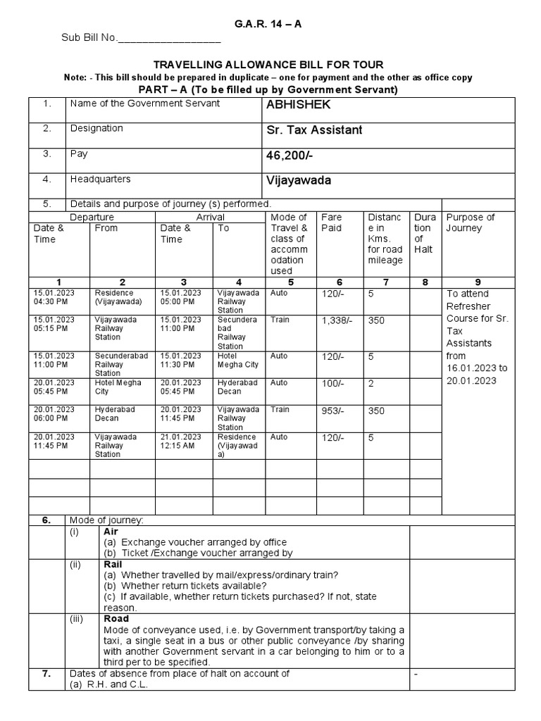 Travelling Allowance Bill Format | PDF | Government Finances | Service ...