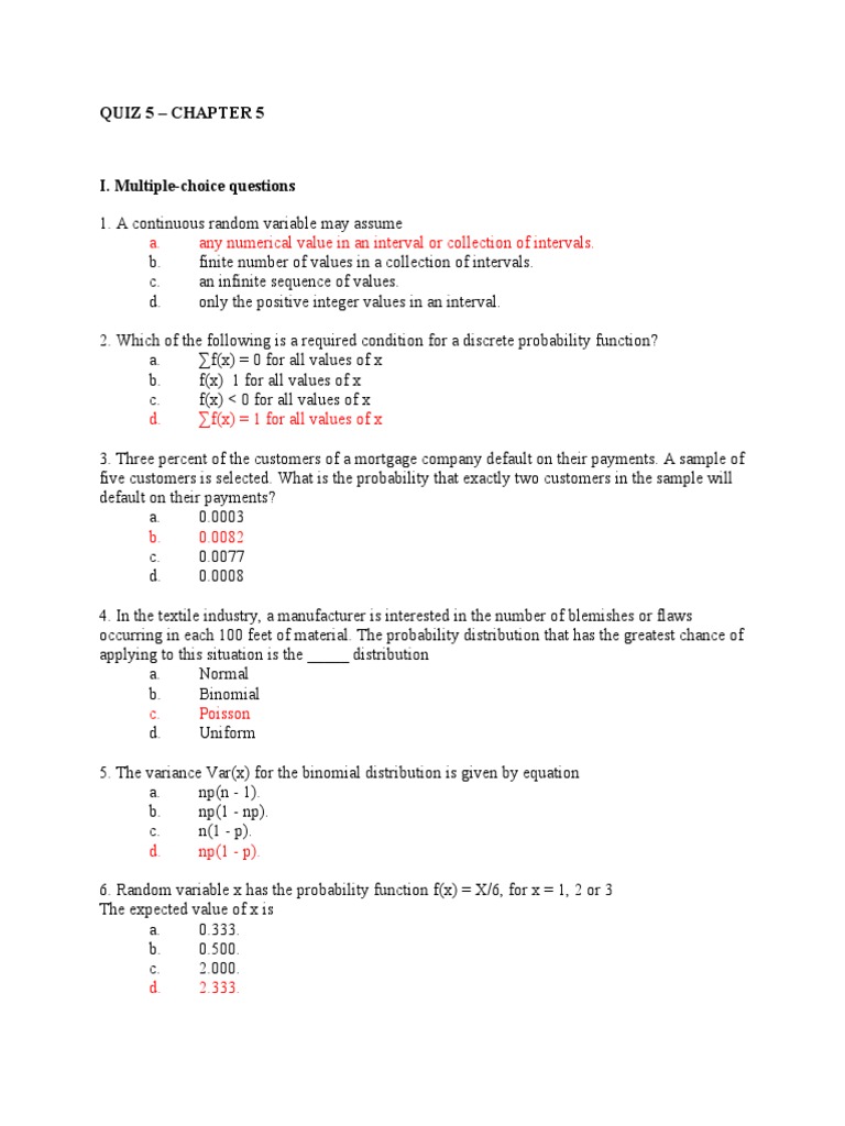 Quiz 5 Chap 5 Answer Pdf Probability Distribution Variance