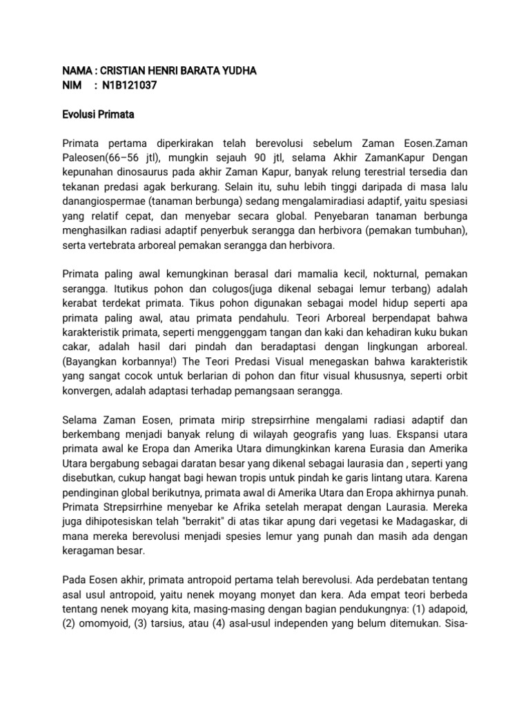 Evolusi Primata Dan Evolusi Manusia | PDF