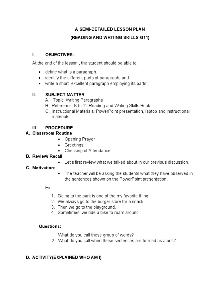 Lesson Plan for Writing Paragraphs G11 | PDF | Teachers | Paragraph