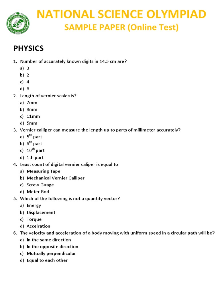 National Science Olympiad Sample Paper | PDF | Gravity | Acceleration