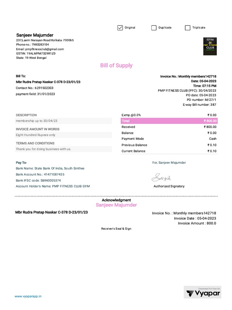 PMP Fitness Club Invoice Details | PDF