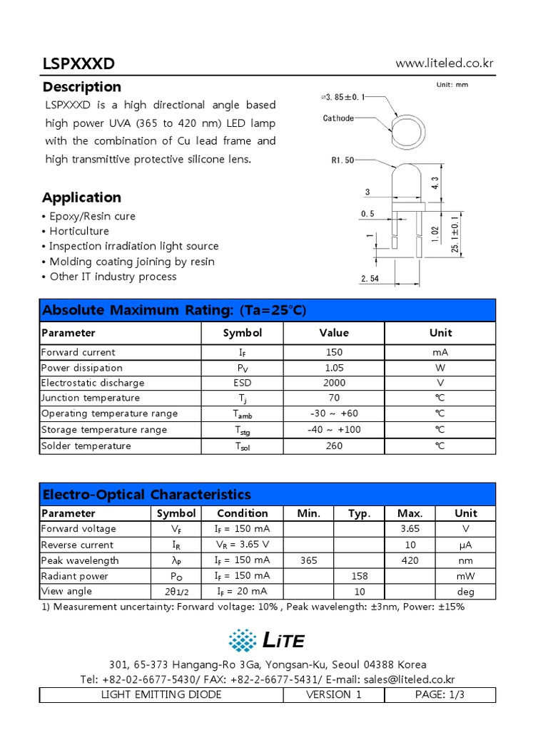 LSPDXXX Specification Sheet PDF Light Emitting Diode Diode