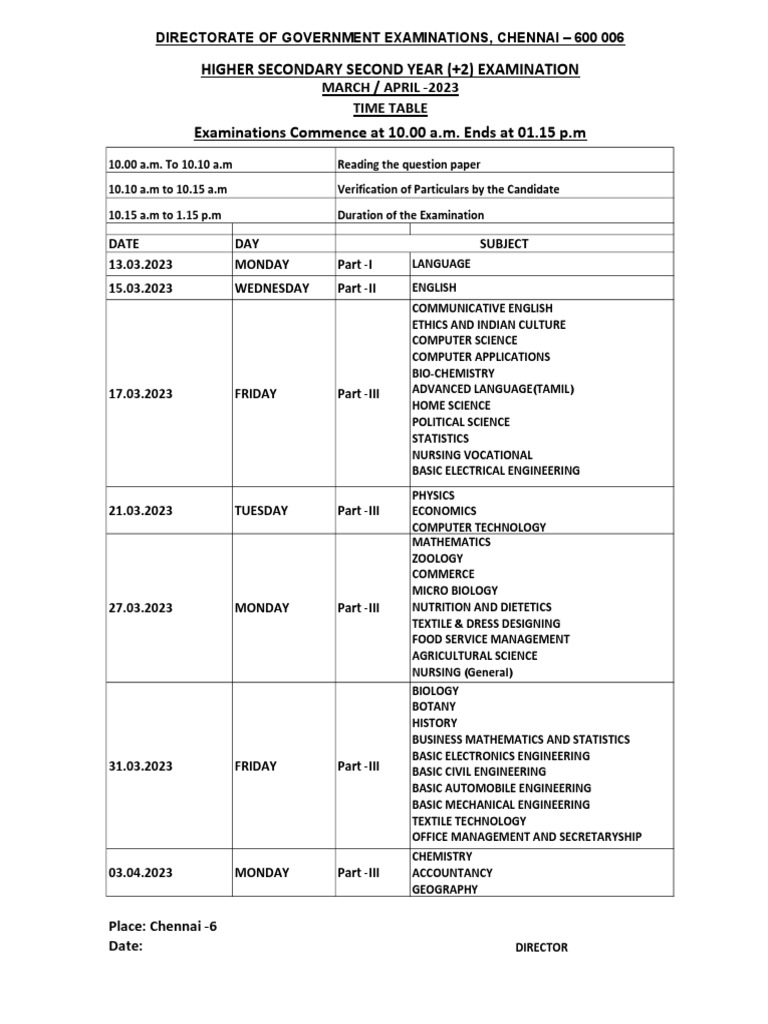 Tamil Nadu Board Exam Time Table 2023 PDF Engineering Science