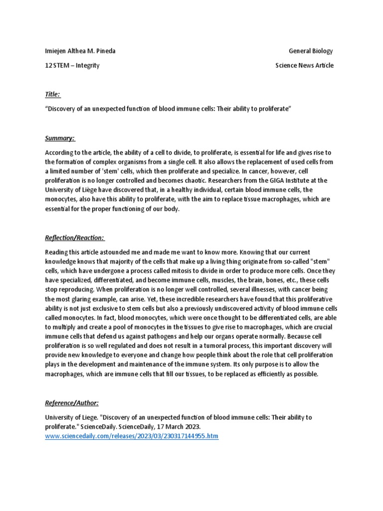 Science News Article Biology Pdf White Blood Cell Cell Growth