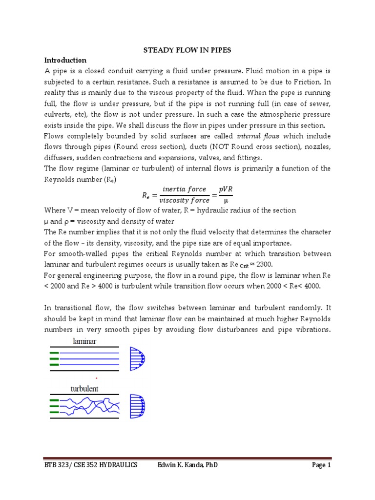 Steady Flow in Pipes BTB 323/ Cse 352 Hydraulics Edwin K. Kanda, PHD