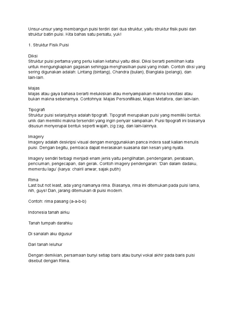 Struktur Fisik Puisi Beserta Contohnya PDF