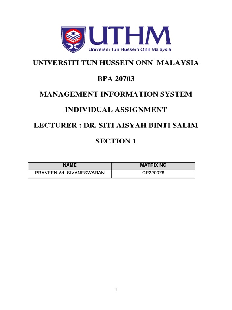 Universiti Tun Hussein Onn Malaysia BPA 20703 Management Information ...