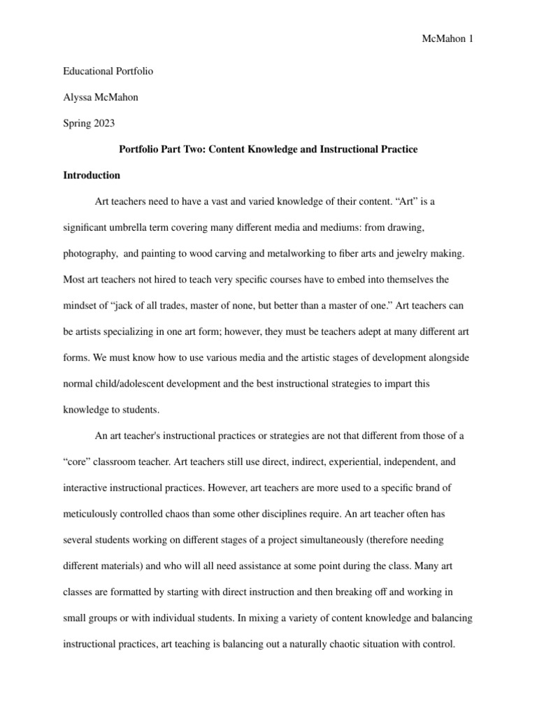 Alyssa Mcmahon Portfolio Part 2 PDF Teachers Lesson Plan