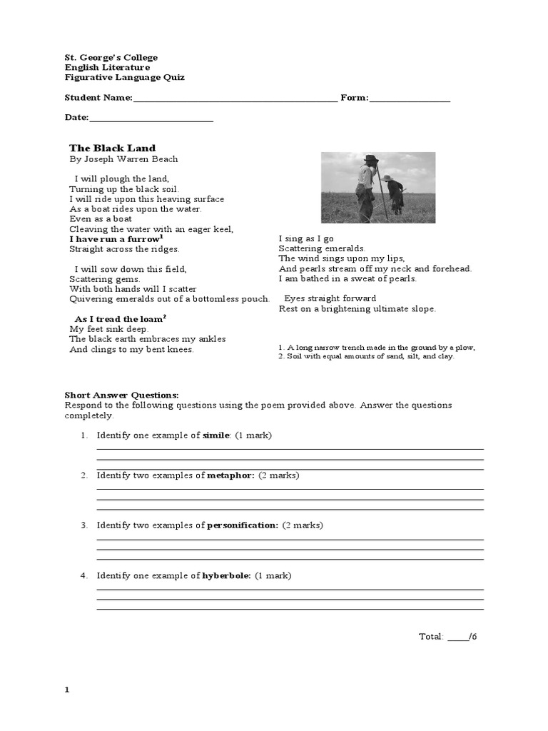 First Form Figurative Language Quiz PDF Metaphor Poetic Devices