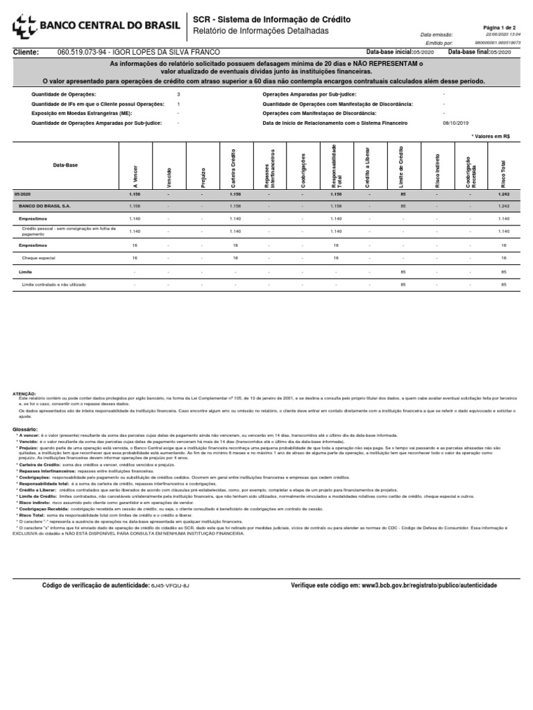 Relatório de Informações Detalhadas: SCR - Sistema de Informação de ...