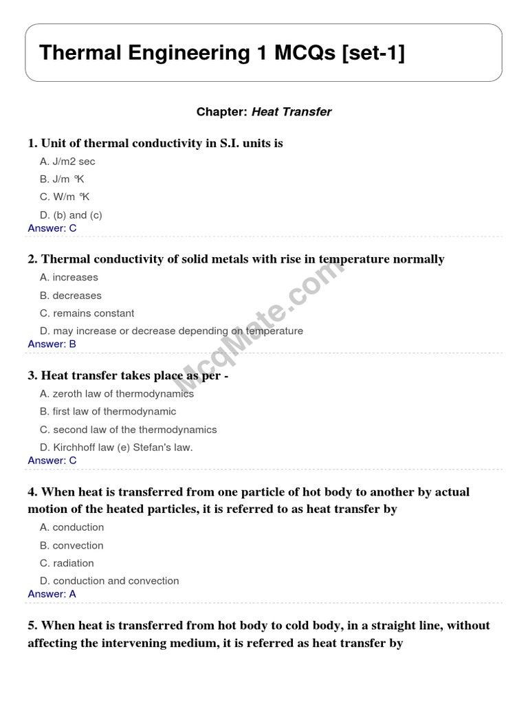 Thermal Engineering 1 Mcqs (Set1) Chapter Heat Transfer PDF