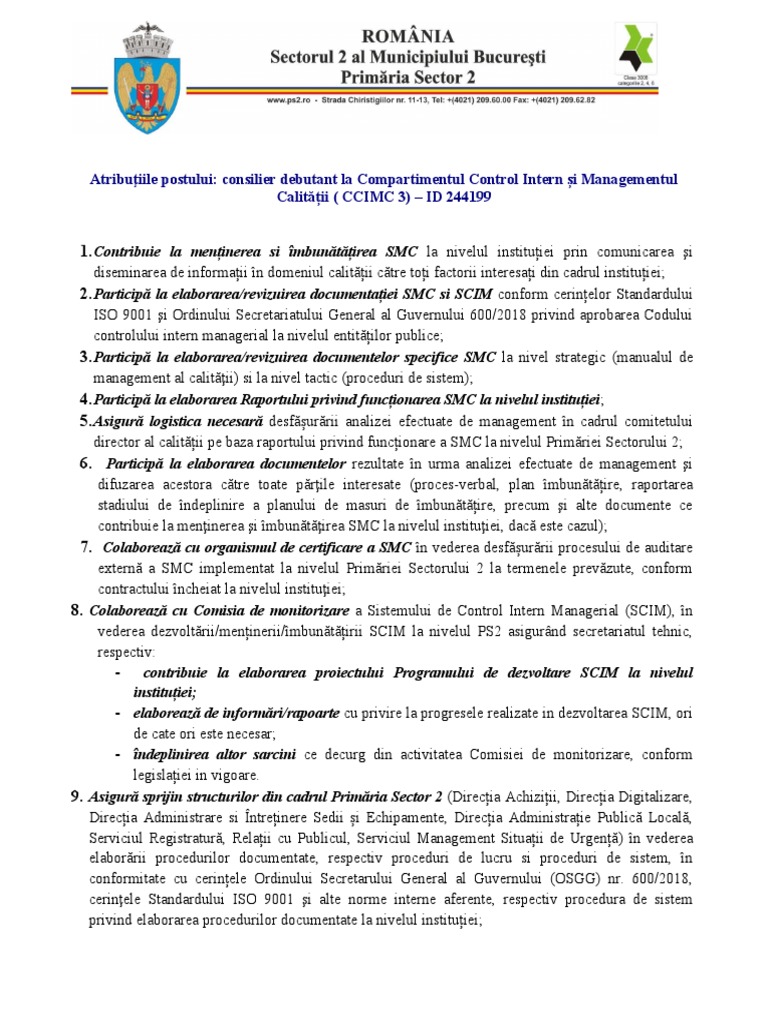 Atributiile Consilier Debutant CCIMC 3 | PDF