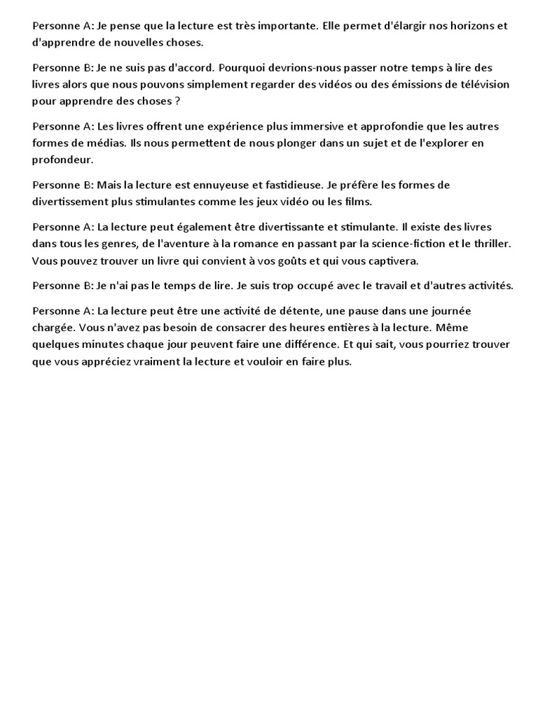 Dialogue sur l'importance de la lecture | PDF | Développement personnel