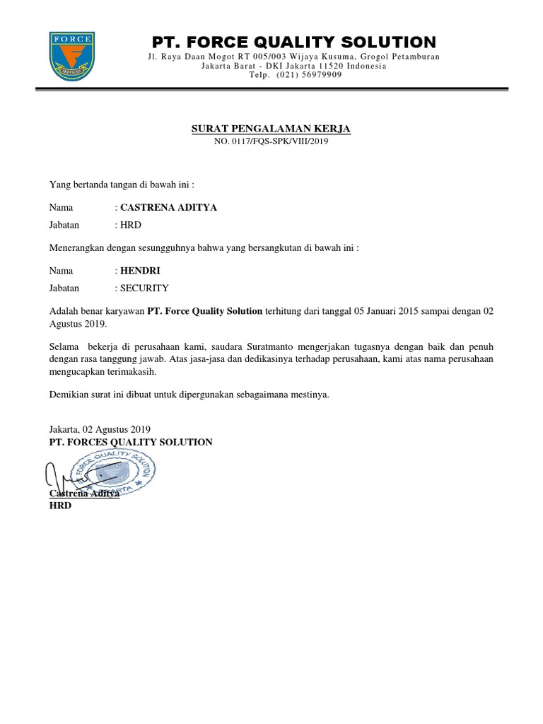 Surat Pengalaman Kerja Hendri di FQS | PDF