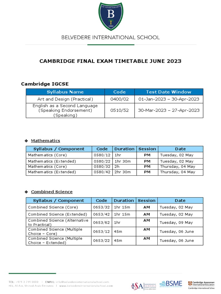 Cambridge Final Exam Timetable June 2023 | PDF