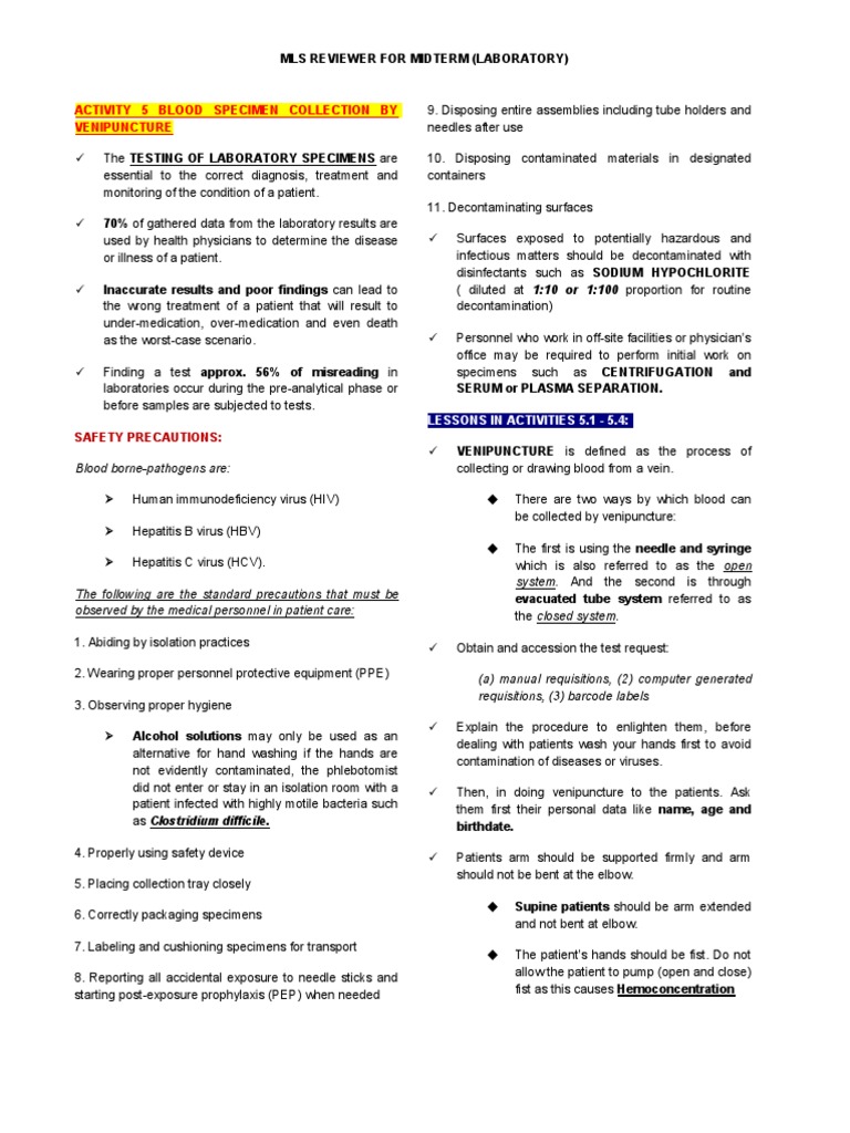 Activity 5 Blood Specimen Collection by Venipuncture Safety
