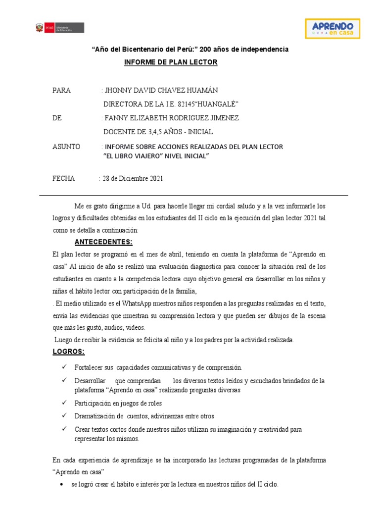 Informe Del Plan Lector Pdf Evaluación Salón De Clases