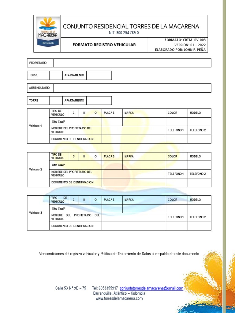 Formato Registro Vehicular (CRTM-RV-003) | PDF | Condominio ...