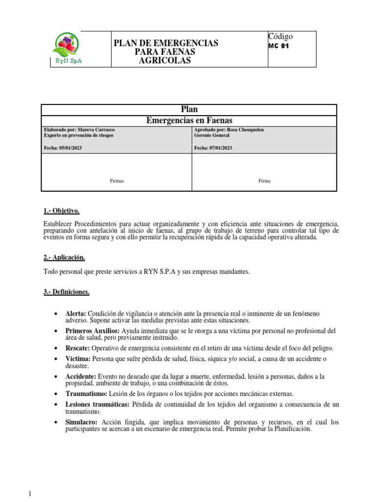 Plan Emergencias en Faena | PDF | Primeros auxilios | Seguridad y salud ...