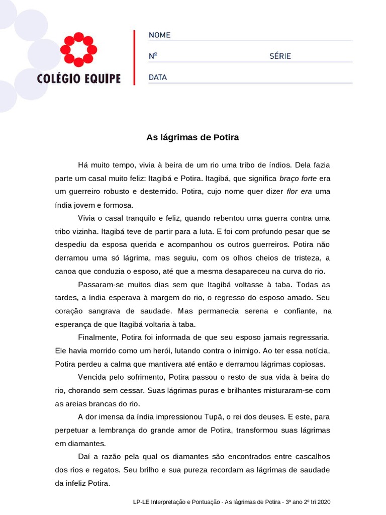 LP LE Interpretação e Pontuação As Lágrimas de Potira 3º Ano 2º Tri ...