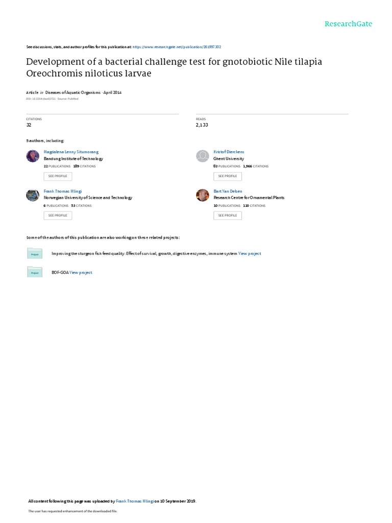 Development of A Bacterial Challenge Test For Gnotobiotic Nile Tilapia