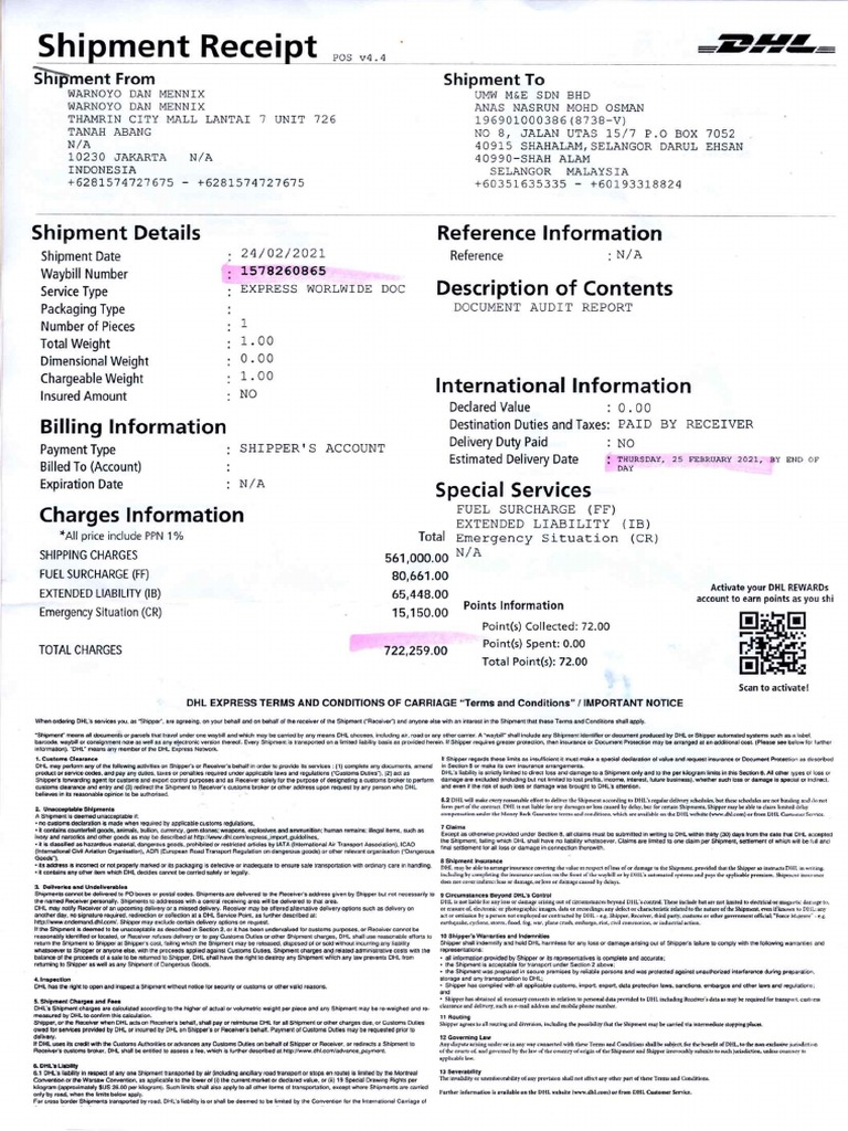 Shipment Receipt DHL Ke UMW Malaysia PDF