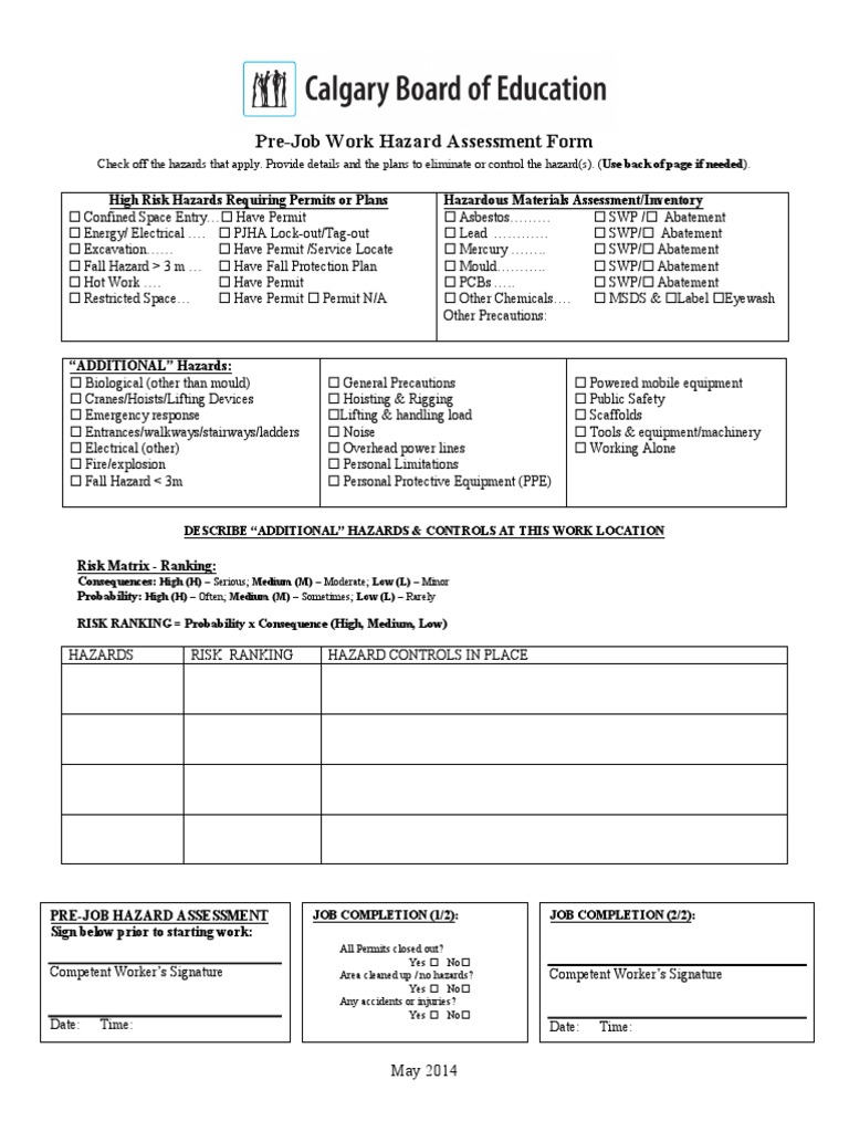 Pre Job Work Hazard Assessment Form PDF Hazards Occupational