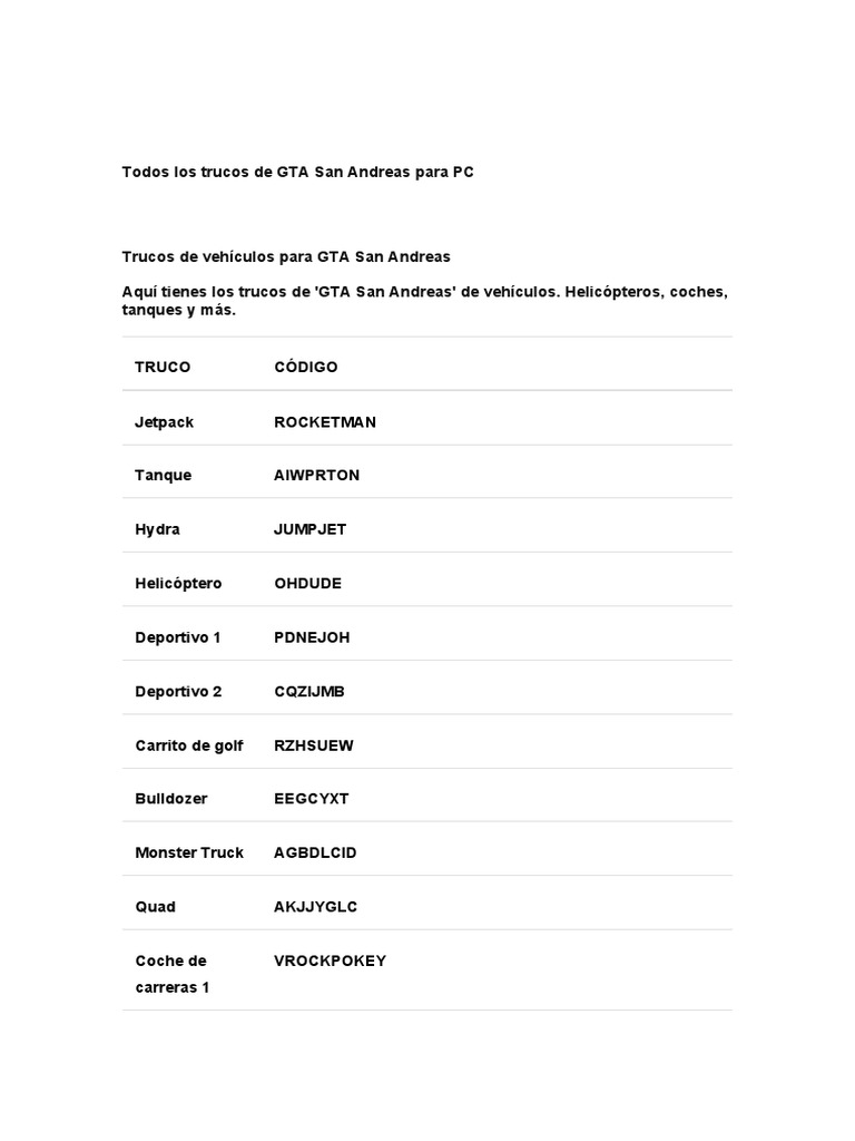 Trucos Gta San Andreas PDF Vehículos