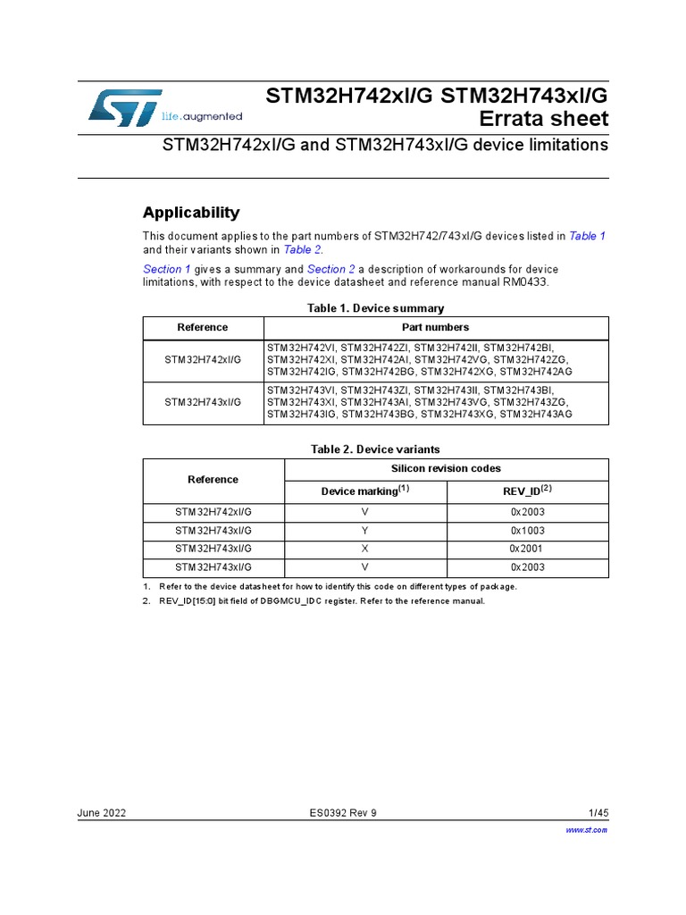 stm32h742 stm32h743 Device Limitations Stmicroelectronics PDF Flash