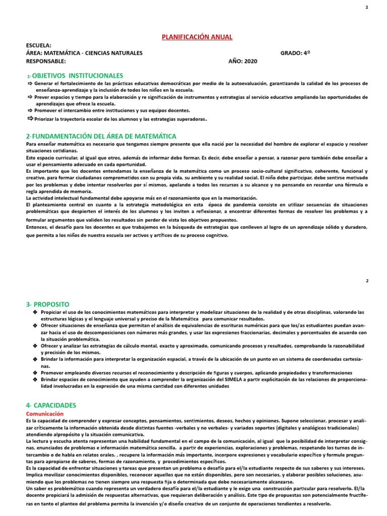Plan Anual Matemáticas 4º Grado | PDF | Aprendizaje | Conocimiento