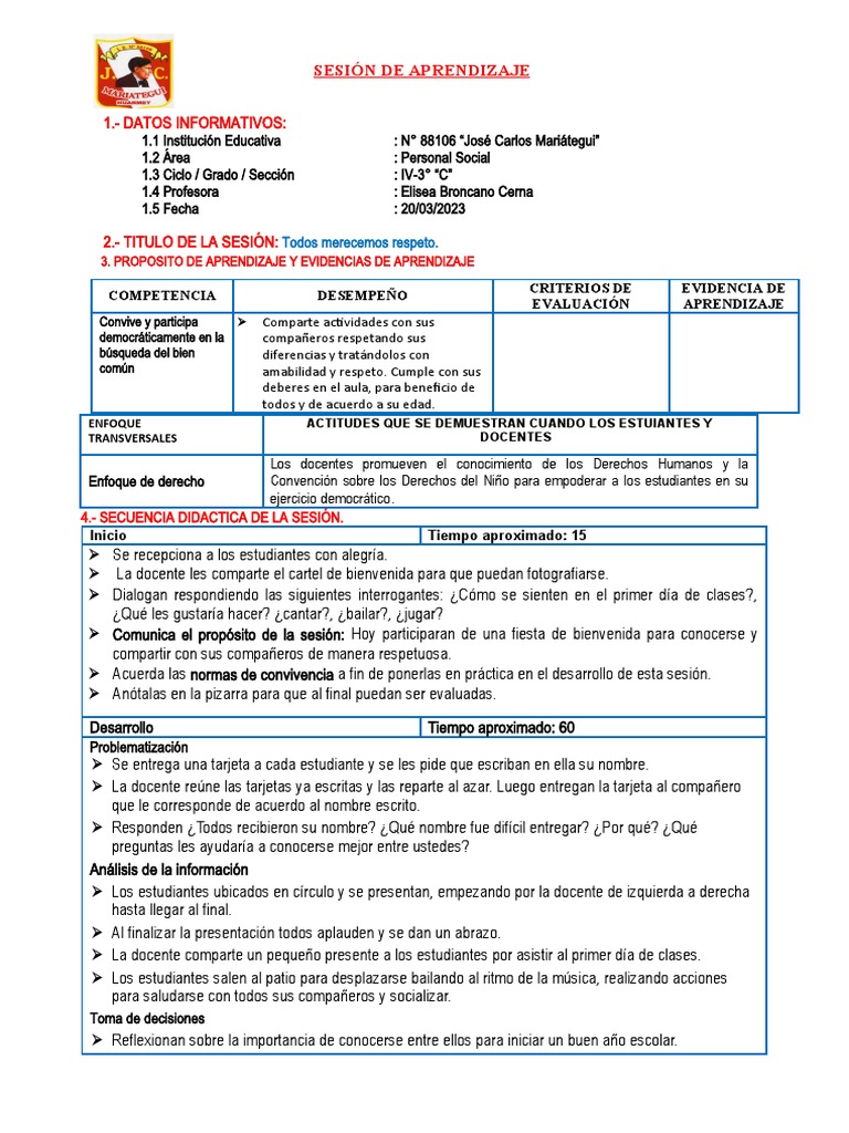 Semana 1 Sesion Día 1 Personal Social | PDF | Salón de clases ...