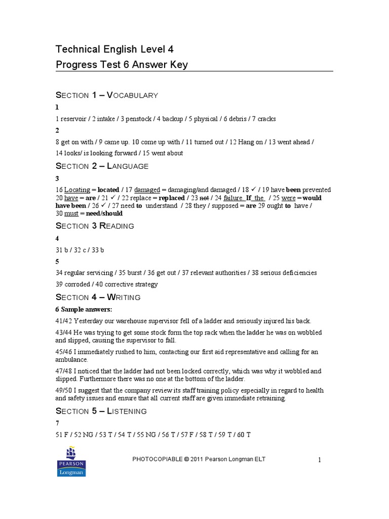 Technical English Level 4 Progress Test 6 Answer Key: PHOTOCOPIABLE ...