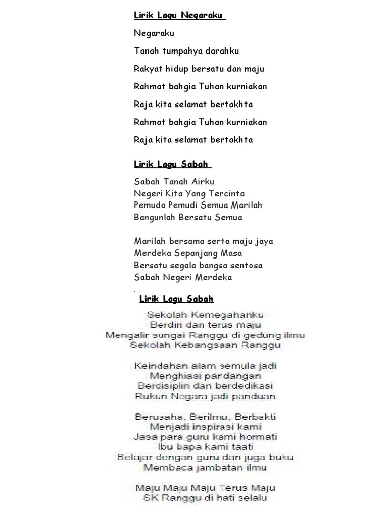 Lirik Lagu Kebangsaan Sabah dan Negaraku | PDF
