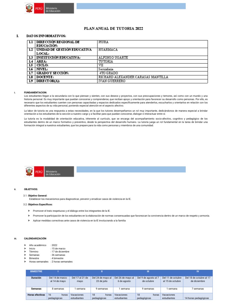 Plan Anual de Tutoría 2022 Secundaria | PDF | Sustentabilidad | Aprendizaje