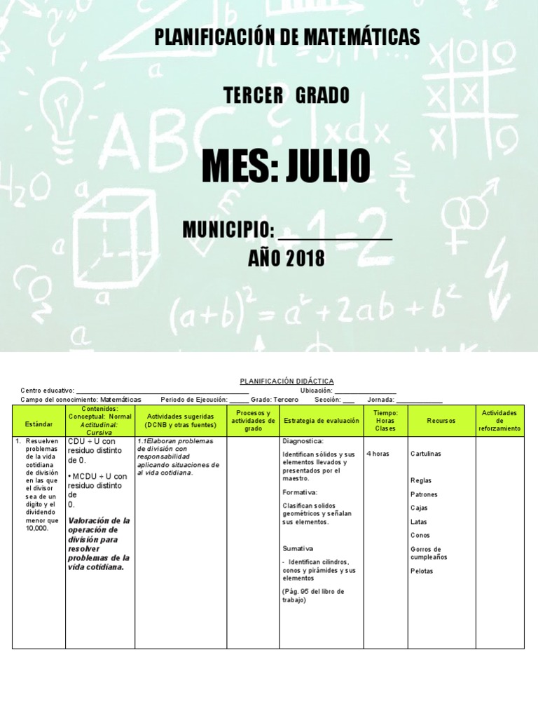Planificación Matemáticas 3° Grado Julio | PDF | Rectángulo | Ángulo