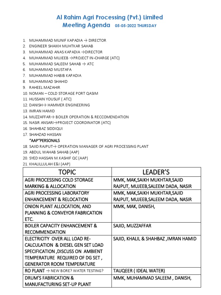 Al Rahim Agri Processing Meeting Agenda | PDF