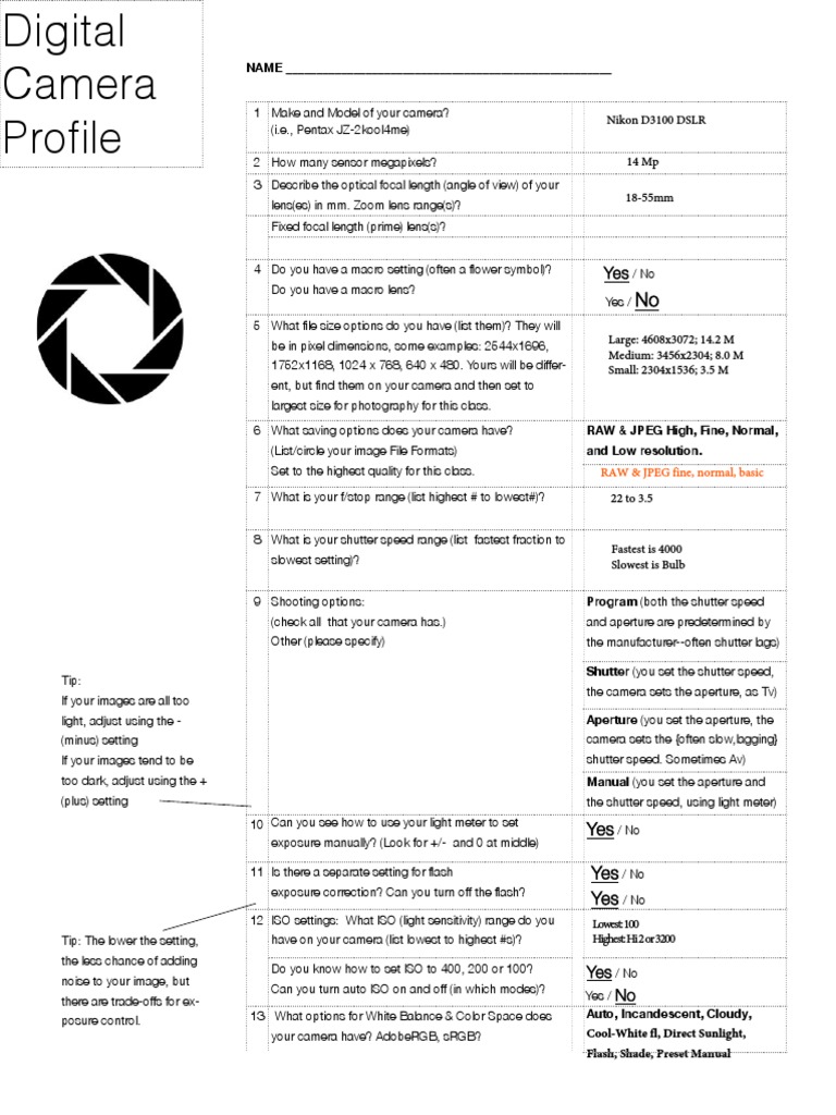 3a. Digital Camera Profile | PDF | Camera Lens | Camera