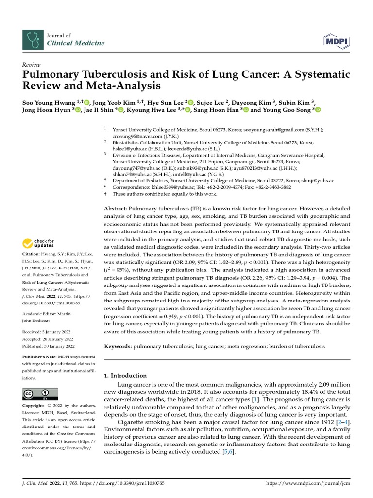 Pulmonary Tuberculosis and Risk of Lung Cancer A Systematic Review and ...