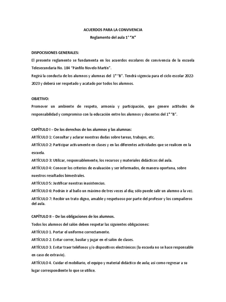 Reglamento del aula 1 | PDF | Salón de clases