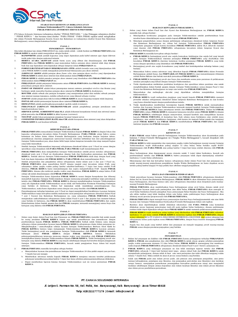 Syarat Berlangganan PT Cahaya Solusindo | PDF