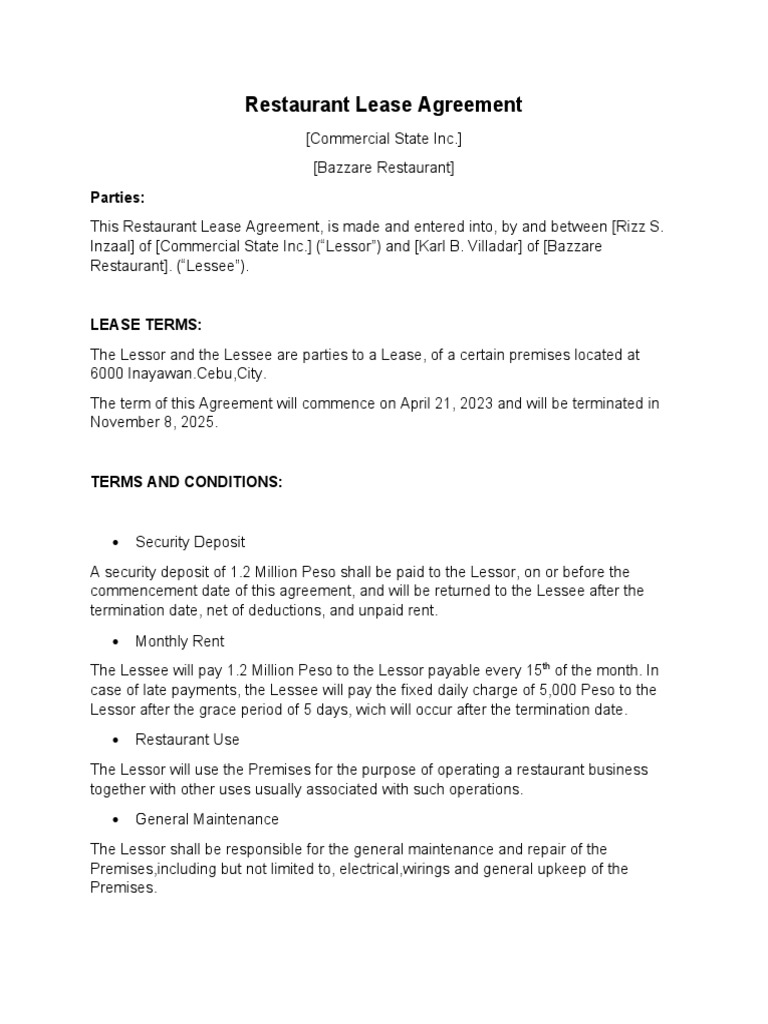 Restaurant Lease Agreement Parties PDF
