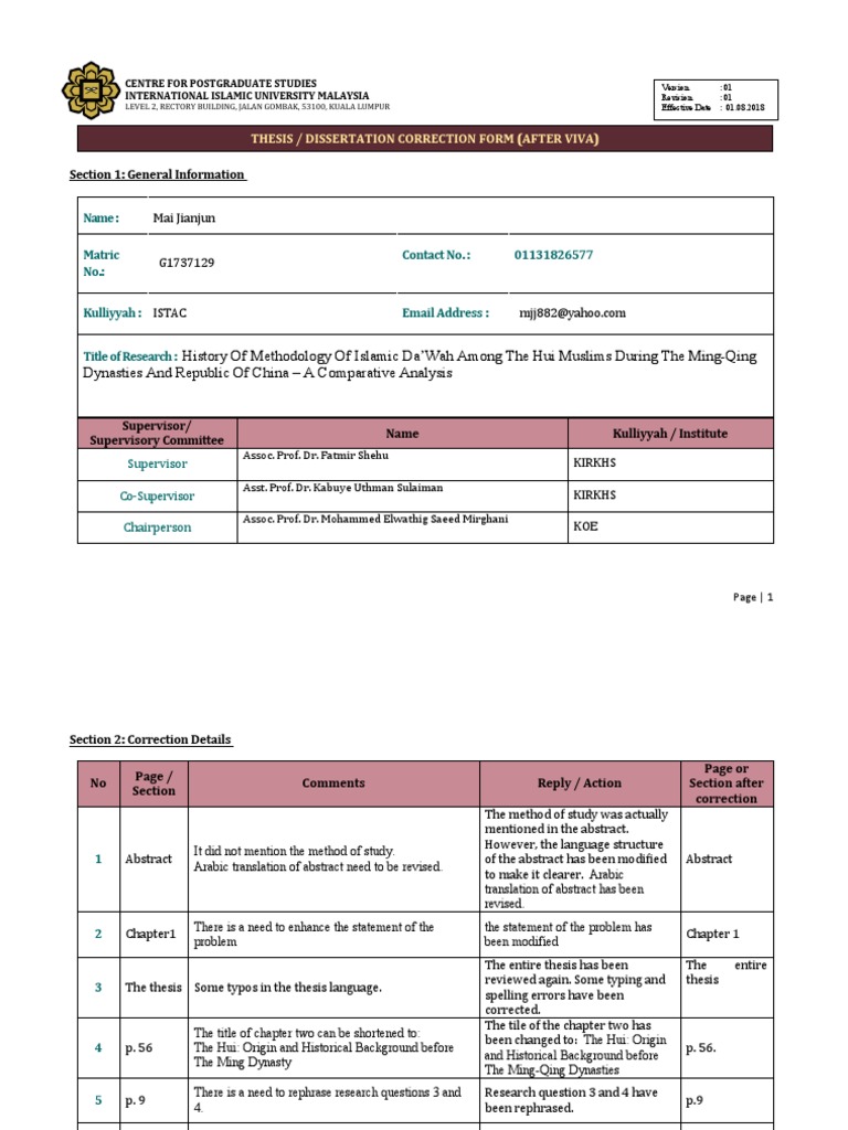 Thesis Correction Form (2 June) | PDF | Thesis