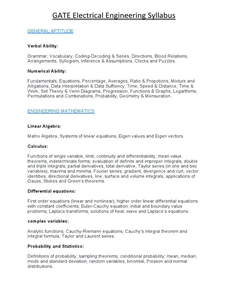 GATE Electrical Engineering Syllabus PDF Integral Electrical Network