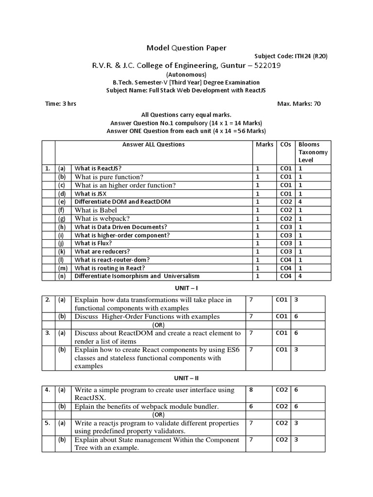 B.Tech ReactJS Exam Paper | PDF | Computing | Systems Engineering