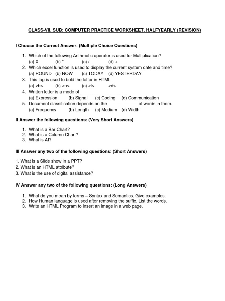 Class Vii Computer Practice Worksheet Halfyearly PDF