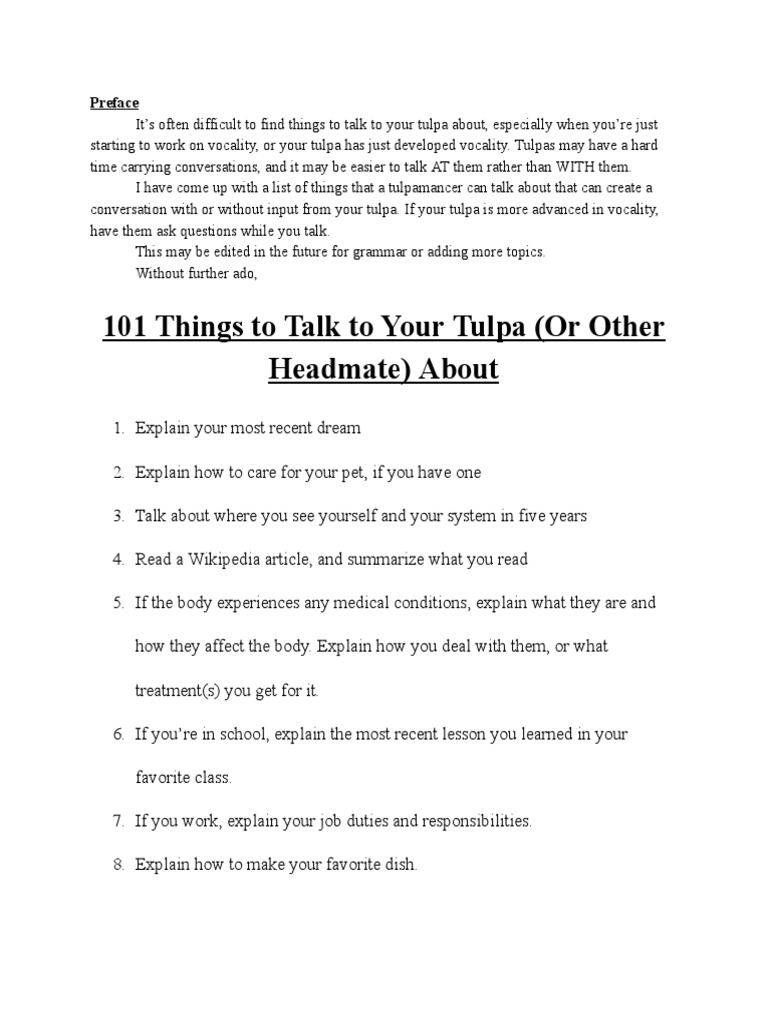 101 Things To Talk To Your Tulpa (Or Other Headmates) About | PDF